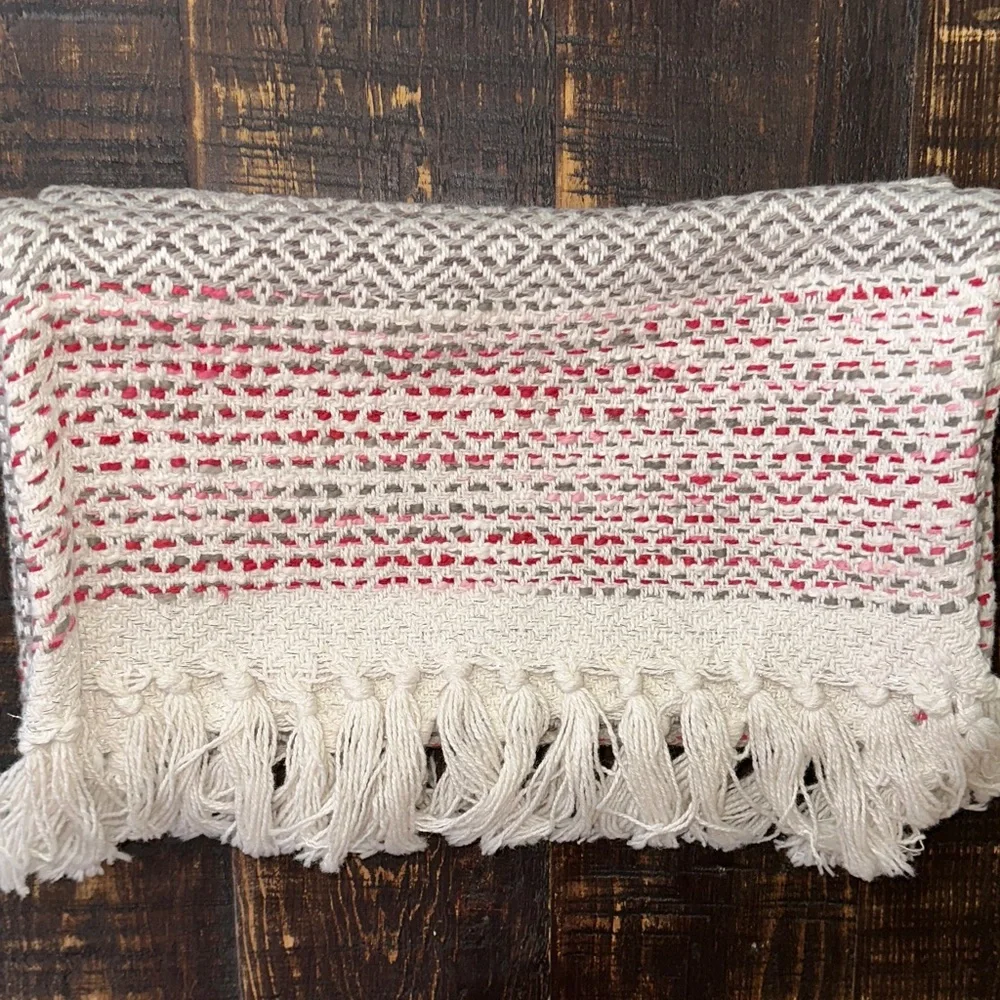 Woven Fringe Table Runner in Gray and Red / Pink
